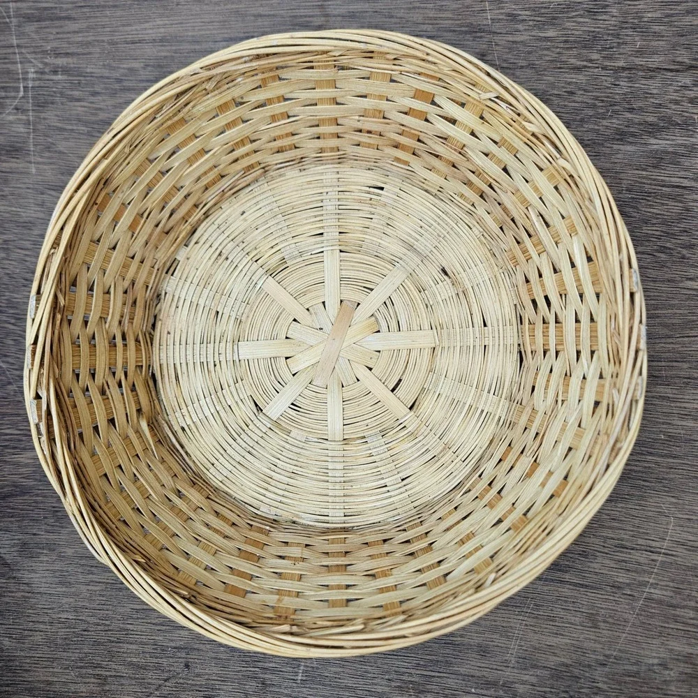 Vintage Natural‎ Woven Bamboo Round Basket Boho Farmhouse Fruit Bowl 8.5 Inch